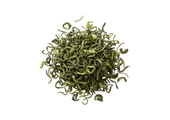 dried green tea leaves on a white background

