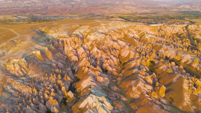 Goreme, Nevsehir, Turkey. Panoramic aerial view of Devrent Valley and surrounding Cappadocia landscape with unique rock formations and valleys.. Aerial View