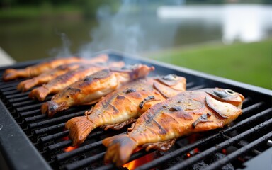 Succulent fish sizzling on a grill adds flavor to a joyful outdoor dining experience by the river. High quality