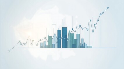 Abstract business finance concept with blue graph arrow over a cityscape skyline illustration