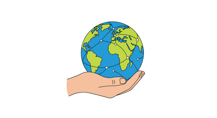 Fototapeta premium Human hand holding the globe with a network of interconnected lines, symbolizing global communication, business, technology, and travel.
