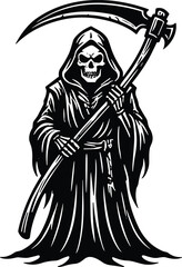 Grim reaper illustration, skull death scythe gothic horror character vector design icon