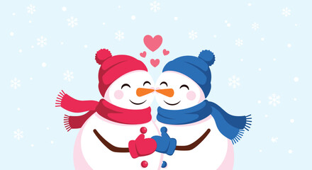 Adorable snowman couple touching noses affectionately while wearing winter hats and scarves, set against a light blue background with snowflakes.