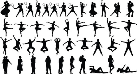 Collection of people silhouettes dancing, playing tennis, exercising, posing in various activities, diverse human figures in motion, sports and dance illustration