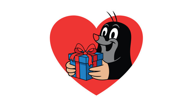 The famous cartoon character Krtek the mole smiling cheerfully while holding a blue gift box, peeking out from inside a large red heart.