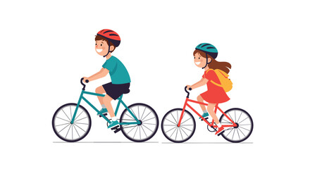 Obraz premium Happy young boy and girl wearing safety helmets while enjoying a fun bike ride together on a clean white background.