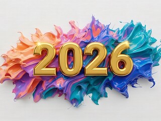Golden 3d numbers 2026 emerging from colorful paint splash on white wood texture