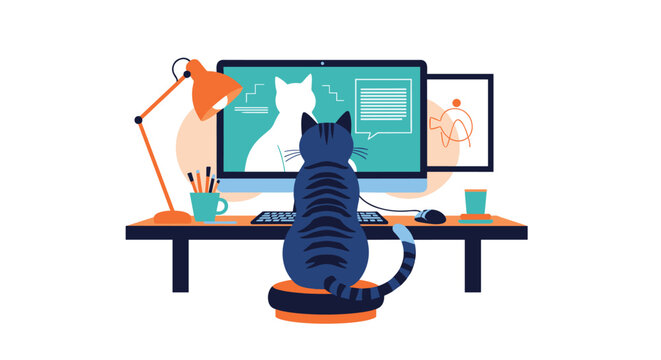 Blue tabby cat sits on a cushion at a modern desk and intently stares at a computer screen showing a cat's silhouette.