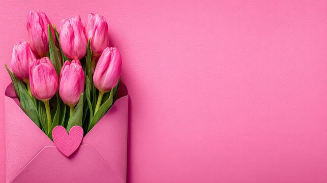 Pink tulips emerge from a matching envelope adorned with a small heart detail against a bright background