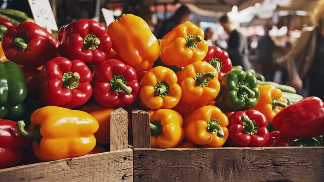 An abundant display of fresh, colorful bell peppers at a vibrant outdoor market stall - Powered by Adobe