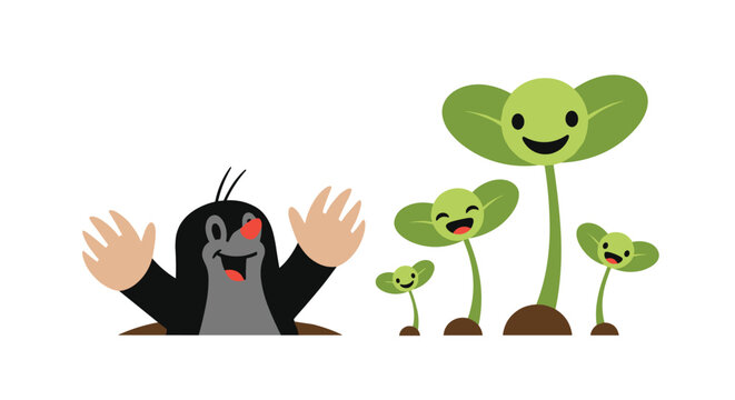 The famous cartoon mole character, Krtek, happily waves from his molehill next to a family of cute smiling green sprouts.
