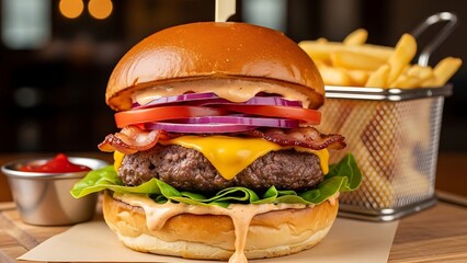 Gourmet bacon cheeseburger with fries, ketchup, and bokeh background