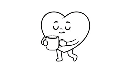Fototapeta premium A charming heart character with closed eyes walks while holding a mug of coffee in this simple black and white illustration.