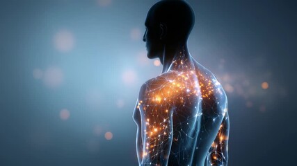 A back view of a human silhouette with illuminated neural pathways and data points, symbolizing innovation in AI and biotechnology. Modern science and technology merge in this conceptual visualization - Powered by Adobe