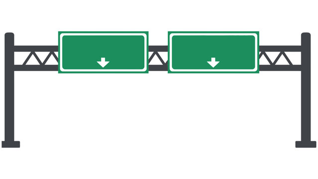 An overhead highway sign structure with two blank green signs, each displaying a downward arrow, indicating directions to upcoming destinations.