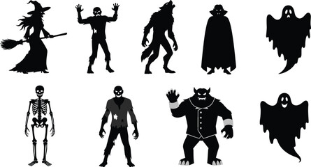 Halloween monsters silhouette set with witch, zombie, werewolf, vampire, skeleton, ghost, creature, scary characters for horror, spooky holiday designs