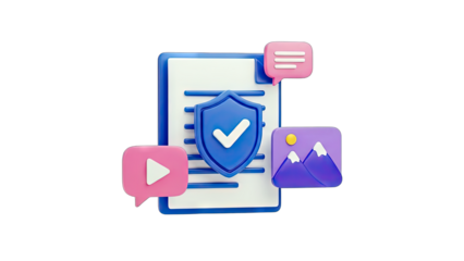 3D Document with Shield, Icons, and Landscape - Security Concept