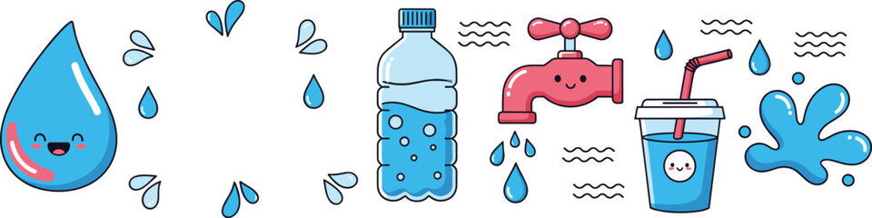 Cute water icons set with smiling drop, bottle, faucet, cup, splashes and droplets in flat cartoon style © Sumon Creative