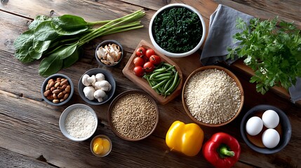 Healthy cooking ingredients kitchen food photography rustic setting overhead view nutritional guide