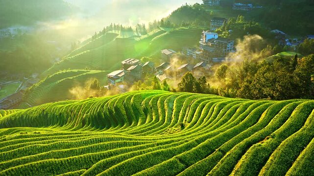 Aerial shot of the spectacular Longji Terraced Fields and village landscape at sunrise in Guilin, China.
