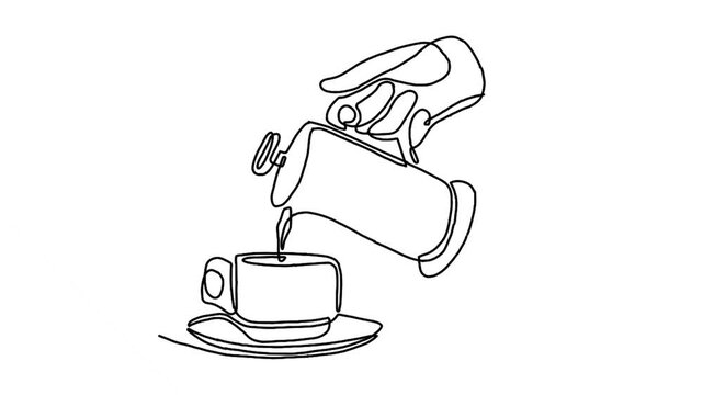 continuous line animation of teapot pouring tea into cup
