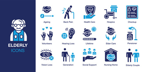 Elderly Icon set. Containing retirement, grandparent, grandma, grandpa, care, nursing and more. Solid vector icons collection. Vector illustration.