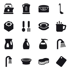 A collection of black silhouette icons representing various kitchen and bathroom household items, including kettles, utensils, dishes, containers, and cleaning tools.