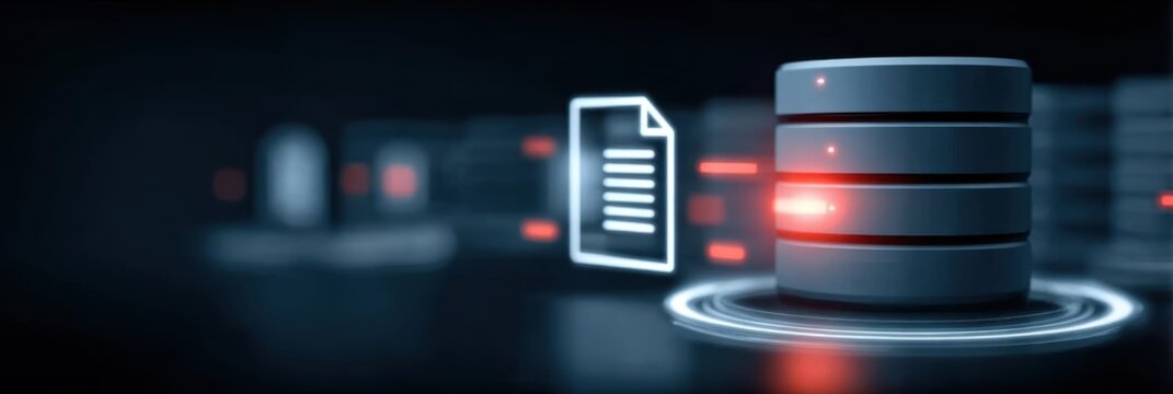 Office servers monitor enterprise database performance, paperwork ready to publish updates