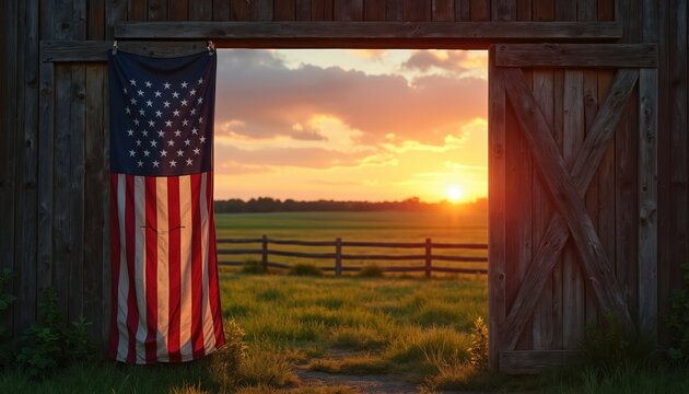 American flag hangs on rustic wooden barn door at sunset. Rural landscape with green field and fence visible beyond opening. Countryside scene captures patriotic spirit and peaceful farm life.