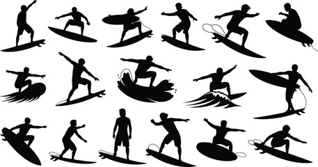 Surfer silhouettes riding waves, dynamic surfing poses collection, extreme water sport illustration, ocean adventure design elements for summer, beach lifestyle graphics