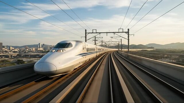 High-Speed Bullet Train Traveling on Elevated Tracks During Sunset in Urban Setting