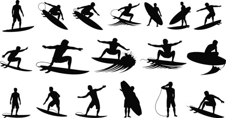 Surfer silhouettes riding waves, surfing poses, surfboard actions, ocean sports figures, beach lifestyle athletes, extreme water sport graphic elements