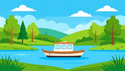 A boat glides peacefully on a calm, blue river, framed by vibrant green hills, trees, and fluffy white clouds. A sunny day