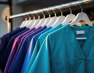 Group of colorful scrub tops hanging on a rack for medical professionals