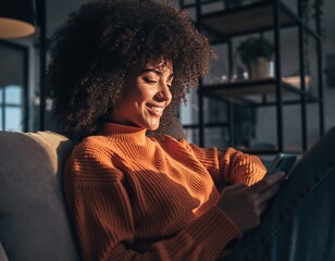 Smiling woman with afro hair using a smartphone on a couch