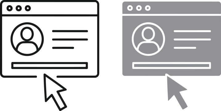 Online user account profile interface icon, browser window with clicking cursor