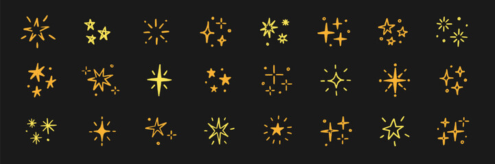Hand drawn star gold color spark element icon set. Cute star shape twinkle glitter spark shine crayon texture brush icon. Hand drawn sketch doodle. Yellow decoration background vector illustration