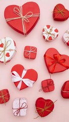 Valentine Hearts and Gift Boxes Flat Lay. A romantic flat lay of red and pink heart shaped decorations and wrapped gift boxes with ribbons, creating a festive Valentines Day theme and symbolizing love