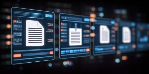 Paperwork organized in office, enterprise servers monitor database performance before publish