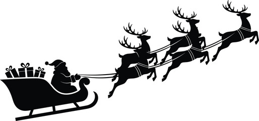 Santa, sleigh, reindeer, silhouette, Christmas, flying, gifts, festive, holiday, winter, motion, celebration, night, magic, airborne, classic, seasonal, white background, joy, tradition**