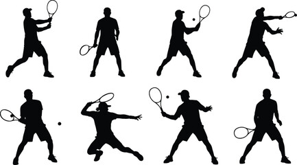 Tennis, player, silhouette, action, racket, ball, swing, motion, sport, dynamic, athletic, pose, serve, hit, white background, expressive, game, movement, competitive, technique**