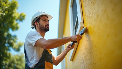 Man in hard hat paints yellow house exterior near window with brush. Worker applies coat on building wall, improves home appearance. Pro contractor renews residential property.
