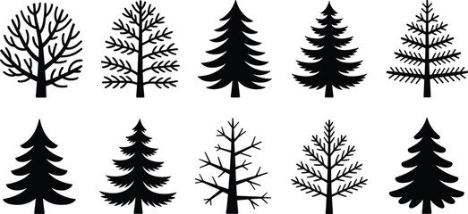 Naklejka premium Tree silhouette set, black forest shapes, bare branches, conifer outlines, nature icons, seasonal design, botanical clipart, vector trees, isolated elements