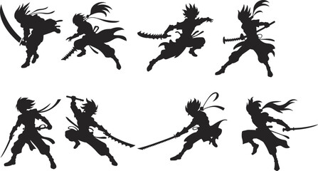 Warrior silhouette vector, sword fighter poses, fantasy combat character icons, dynamic action illustration, spiky hair ninja design set