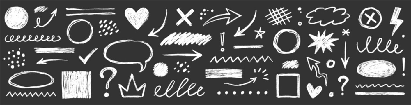 Hand drawn chalk doodles elements on blackboard texture arrows, question marks, question set. Highlight, circle frame, cloud sketch brush texture marker stroke. Vector illustration
