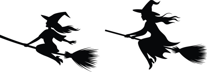 Witch, silhouette, flying, broomstick, Halloween, fantasy, spooky, pointed hat, motion, eerie, folklore, black, white, costume, mystery, illustration, supernatural, scary, magical, night