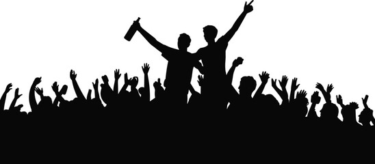 Silhouette, crowd, celebration, cheering, people, unity, party, bottle, peace, gesture, excitement, festival, youth, friends, fun, energy, black, white, background, illustration