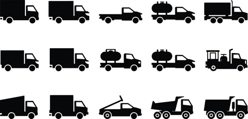 Truck silhouette vector, utility vehicles, pickup, box truck, tank truck, dump truck, black icons, transport design, side view, collection © Asif's Creatives