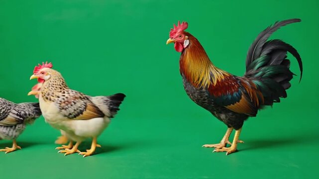 A group of chickens and a rooster standing in a row on a green background in a studio setting chicken green screen video