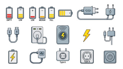 Set of Battery and Charging Icons with Various States and Connectors